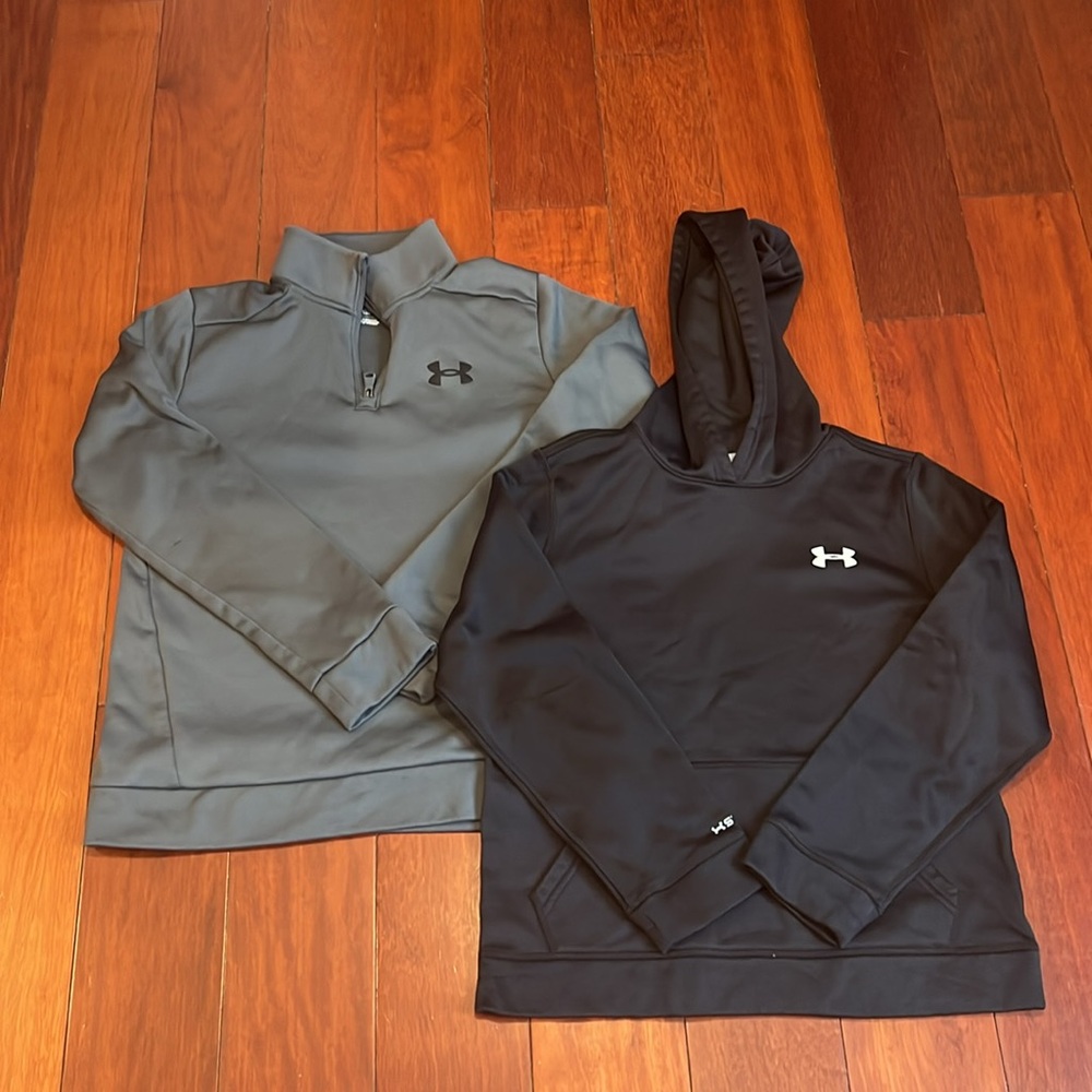 2 Under Armour Boy’s Sweatshirts. Black Hoodie Size M & Charcoal Sweater Size L